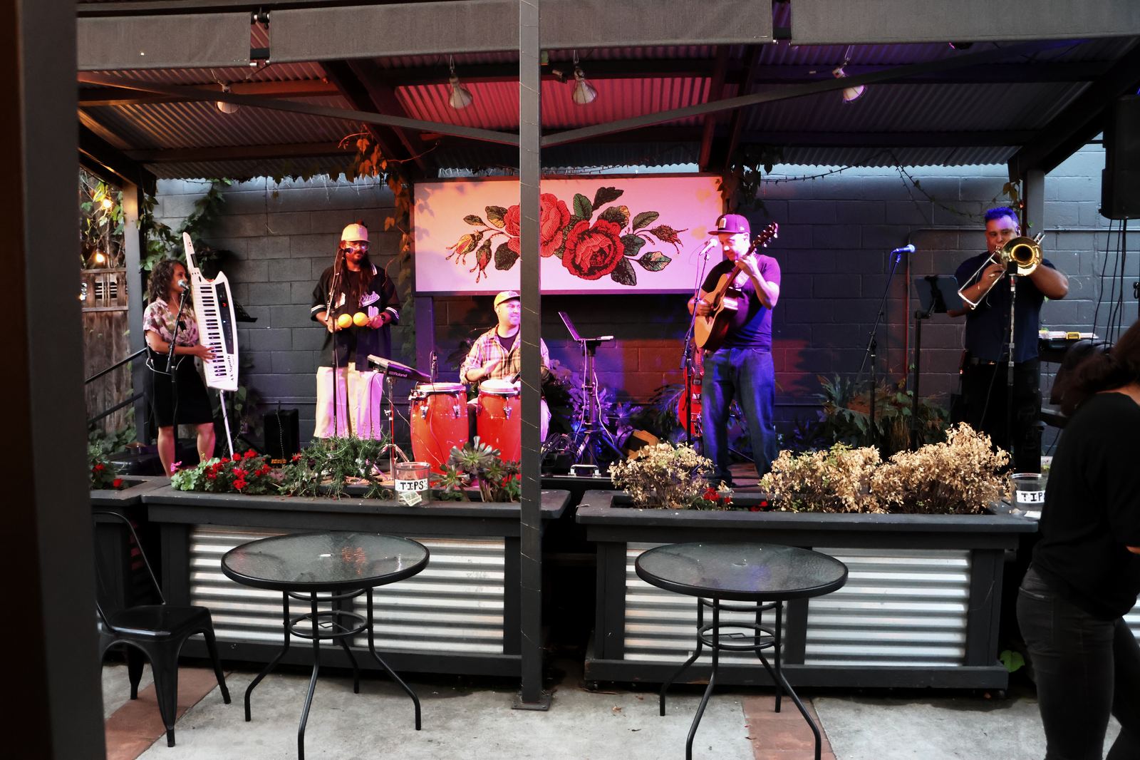 Son Chévere on a small outdoor stage at night, under a corrugated roof, with a painted floral backdrop and tables in front.